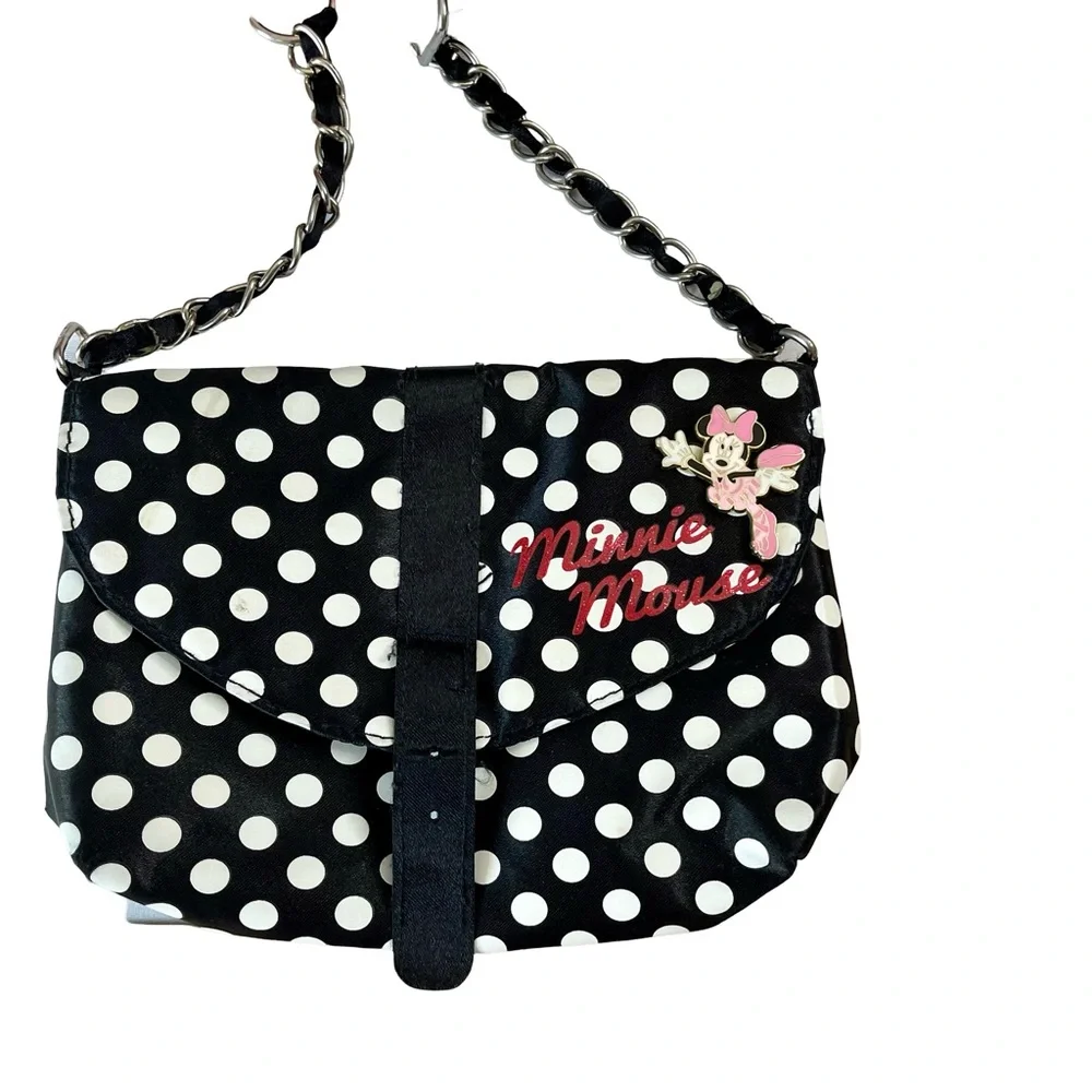 Disney Minnie Mouse Polkadot Bow Chain Strap Mini Bag Purse with Trading Pin